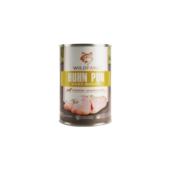 Eine Dose Wildfang Huhn Pur Hundefutter mit einem Wolf-Logo, gekennzeichnet mit 'B.A.R.F. Qualität' und 'Premium Alleinfutter für Welpen und wachsende Hunde.'