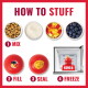 HOW TO STUFF: bowls of kibble, yogurt, apple, blueberries and a red KONG toy with steps MIX, FILL, SEAL, FREEZE