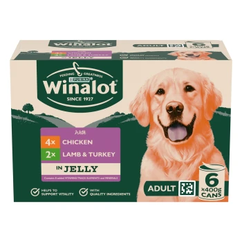 Purina Winalot adult dog food box, 6x400g cans - 4x chicken, 2x lamb & turkey in jelly; smiling dog image