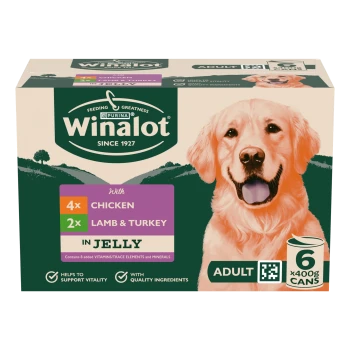 Purina Winalot adult dog food box, 6x400g cans - 4x chicken, 2x lamb & turkey in jelly; smiling dog image