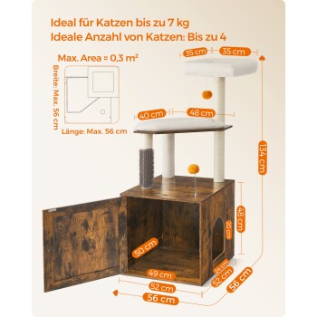 Katzenbaum für Katzen bis 7 kg, Abmessungen beschriftet: Höhe 134 cm, Breite 56 cm, mit Kratzsäule und gemütlichem Versteck.