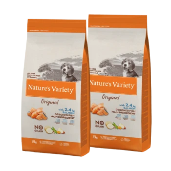 Dwie torby karmy dla psów Nature's Variety Original, z formułą na bazie łososia, z odkostnioną rybą jako głównym składnikiem.