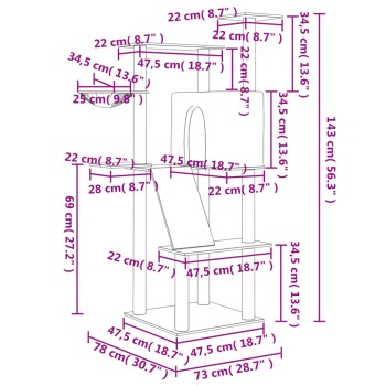 Diagramm eines mehrstöckigen Katzenbaums mit in Zentimetern und Zoll beschrifteten Abmessungen, der Plattformen, einen Kratzbaum und einen Tunnel zeigt.