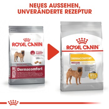 Zwei Beutel Royal Canin Dermacomfort Hundefutter für mittelgroße Hunde, mit einem neuen Design und "Reduzierte Allergenformel."