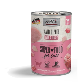 Dosenfutter für Katzen mit der Aufschrift 'MAC's Super Food for Cats', das Kalb und Truthahn enthält, mit Symbolen für getreidefrei und hohen Fleischanteil.