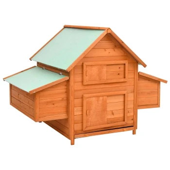 Holzhaustierhaus mit einem grünen, geneigten Dach, ausgestattet mit mehreren Zugangstüren und Seitenfächern für Haustiere.