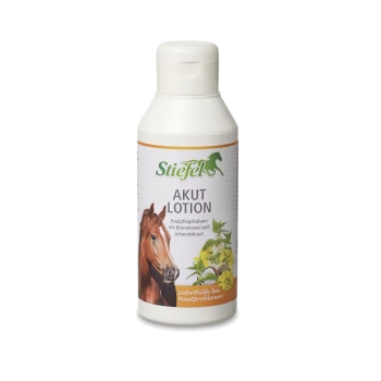 Flasche Stiefel Akut Lotion für Pferde, mit einer Pferdeillustration, mit Text, der es als Hautpflegebalsam mit Brennnessel und Johanniskraut angibt.