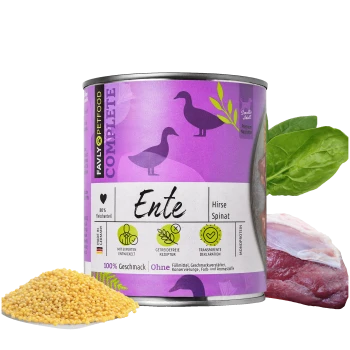 Dosenfutter für Haustiere mit der Aufschrift "Ente", das Ente, Hirse und Spinat enthält, mit einem lila Design und Symbolen, die auf getreidefrei und ohne Füllstoffe hinweisen.