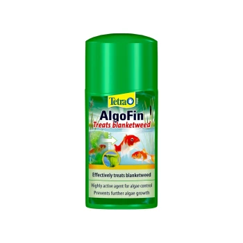Green bottle of Tetra AlgoFin, labeled "Treats blanketweed," featuring goldfish illustrations and claims to effectively treat algae.