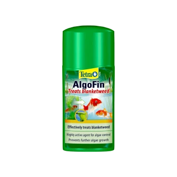 Green bottle of Tetra AlgoFin, labeled "Treats blanketweed," featuring goldfish illustrations and claims to effectively treat algae.