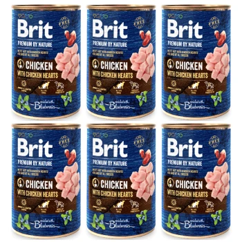 Sześć puszek premium karmy dla zwierząt Brit z kurczakiem i sercami kurczaka, oznaczone jako odpowiednie dla wszystkich ras, z borówkami.