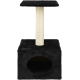 Black cat tree with a plush base, a scratching post, and a top platform for climbing or resting.