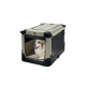 Ein glücklicher Hund mit blauen Augen sitzt in einer beigen Haustierbox mit einem Netzfront, mit einer oberen Öffnung und schwarzen Akzenten.