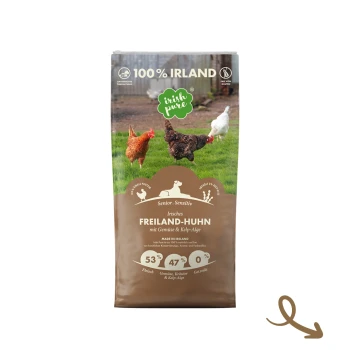 Tüte mit "Irish Pure" Hundefutter, beschriftet "100 % Irland," zeigt Hühner und Zutaten: 53 % Fleisch, 47 % Gemüse, 0 % Getreide.