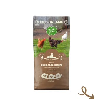 Tüte mit "Irish Pure" Hundefutter, beschriftet "100 % Irland," zeigt Hühner und Zutaten: 53 % Fleisch, 47 % Gemüse, 0 % Getreide.