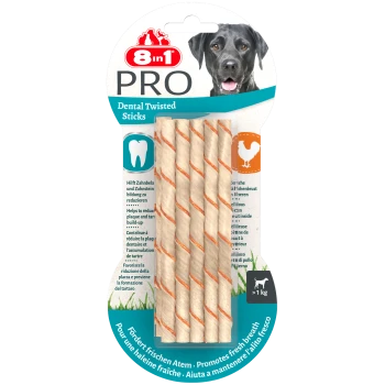 8in1 PRO Dental Twisted Sticks für Hunde, mit vier verdrehten Kausticks mit Hühnergeschmack, die frischen Atem fördern und Plaque reduzieren.