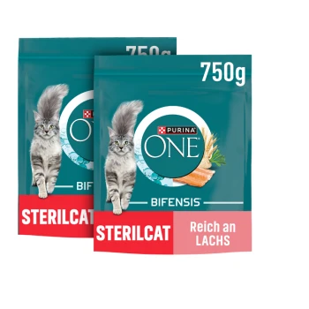 Twee zakken van 750g Purina ONE Bifensis Sterilcat kattenvoer, rijk aan zalm, met een afbeelding van een grijze kat op de verpakking.
