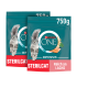 Deux sacs de 750 g de nourriture pour chats Purina ONE Bifensis Sterilcat, riche en saumon, avec une image de chat gris sur l'emballage.