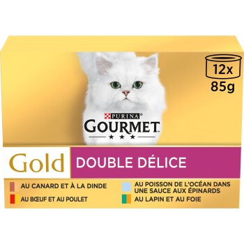Boîte Purina Gourmet Gold « DOUBLE DÉLICE » pour chat présentant un chat blanc à poils longs, 12 x 85 g, texte des saveurs en français.