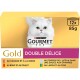 Boîte Purina Gourmet Gold « DOUBLE DÉLICE » pour chat présentant un chat blanc à poils longs, 12 x 85 g, texte des saveurs en français.