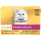 Boîte Purina Gourmet Gold « DOUBLE DÉLICE » pour chat présentant un chat blanc à poils longs, 12 x 85 g, texte des saveurs en français.