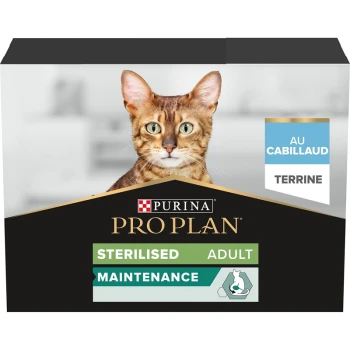 Verpackung für Purina Pro Plan Katzenfutter mit einer Bengal-Katze, beschriftet mit 'Sterilised Adult Maintenance' und 'Au Cabillaud Terrine.'
