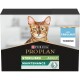 Emballage de nourriture pour chats Purina Pro Plan mettant en avant un chat Bengal, étiqueté 'Entretien Adultes Stérilisés' et 'Au Cabillaud Terrine.'