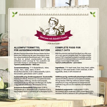 Premium Nassfutter für erwachsene Katzen mit 71% Rindfleisch, mit Zutaten und Nährwertinformationen in Deutsch und Englisch.