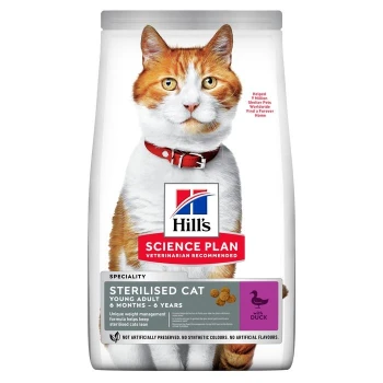 Hill's Science Plan Sterilised Katzenfutterbeutel, mit einer jungen erwachsenen Katze, mit Fokus auf Gewichtsmanagement und Enten-Geschmack.