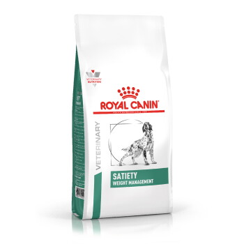 Royal Canin Veterinary Satiety Weight Management Hundefutterbeutel, weiß-grüne Verpackung mit Markenlogo und Hundeillustration.
