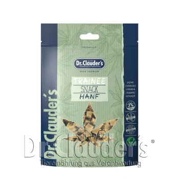 Dr. Clauder's Trainee Snack für Haustiere, mit einem Hanfblatt-Design, beschriftet mit "Trainee Snack Hanf", mit den Texten "High Premium" und "Freshlock".