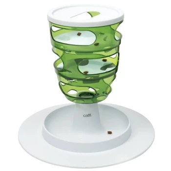 Senses 2.0 Food Tree Interaktiver grüner Futterspender für Haustiere mit mehreren Ebenen und Löchern für Leckerlis, auf einer weißen Basis, mit der Marke "catit".