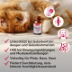 Orange-weiße Katze liegt neben einer Murmelwunder-Ölflasche mit deutschem Text über Gelenk- und Muskelunterstützung für Haustiere.
