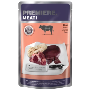 Sachet PREMIERE.MEAT montrant du bœuf cru et de la panse sur du papier avec un couperet, étiqueté 'for meat lovers' ; 'Rind Bœuf Manzo Beef'.