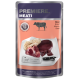 Sachet PREMIERE.MEAT montrant du bœuf cru et de la panse sur du papier avec un couperet, étiqueté 'for meat lovers' ; 'Rind Bœuf Manzo Beef'.