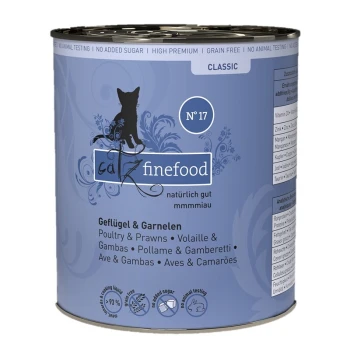 Catz Finefood Nr. 17 Dose mit blauem Design, Katzensilhouette und Text: "Geflügel & Garnelen," getreidefrei, ohne Zucker, ohne Tierversuche.