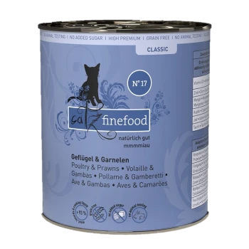 Catz Finefood Nr. 17 Dose mit blauem Design, Katzensilhouette und Text: "Geflügel & Garnelen," getreidefrei, ohne Zucker, ohne Tierversuche.