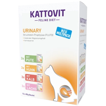 Multipack Kattovit Feline Diet Urinary, contenant 12 sachets de 85 g avec des saveurs : dinde, poulet, bœuf et saumon.