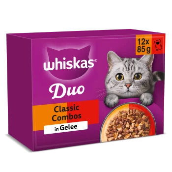Whiskas Duo lila Katzenfutter-Box mit Kätzchen und Schale; Aufschrift 'Classic Combos in Gelee' und '12x 85 g'.