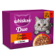Whiskas Duo lila Katzenfutter-Box mit Kätzchen und Schale; Aufschrift 'Classic Combos in Gelee' und '12x 85 g'.