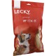 Rote Verpackung für Lecky Beef Plus Light Hundeleckerlis mit einem glücklichen Hund auf der Vorderseite, mit Symbolen, die 100% natürliche und Rindfleischaugen-Zutaten anzeigen.