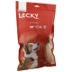Emballage rouge pour les friandises pour chiens Lecky Beef Plus Light avec un chien heureux sur le devant, avec des icônes indiquant 100% naturel et ingrédients d'œil de vache.