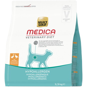 Sac de nourriture hypoallergénique pour chat Select Gold MEDICA Veterinary Diet (2,5 kg) - formule volaille, emballage bleu sarcelle et blanc