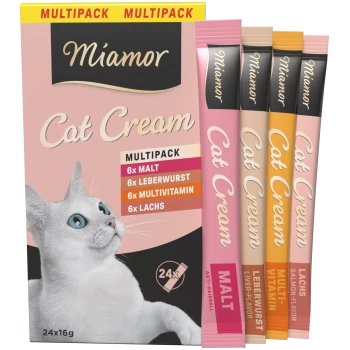 Miamor Cat Cream Multipack‑Box mit weißer Katze und vier Tuben mit den Aufschriften Malt, Leberwurst, Multivitamin, Lachs, „24x“.