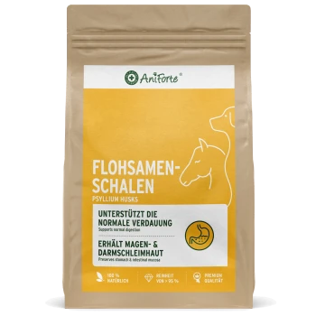 Braune Papiertüte mit AniForte Flohsamenschalen und gelbem Etikett, der Text enthält "Flohsamenschalen" und Ansprüche zur Verdauungsunterstützung.