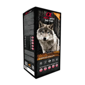 Alpha Spirit Soft Food Mehrprotein-Vollfutter für Hunde, Verpackung mit Wolfsbild und Aufschrift 'Neue Ausgabe'