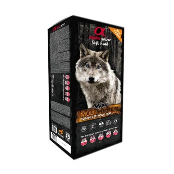 Alpha Spirit Soft Food Mehrprotein-Vollfutter für Hunde, Verpackung mit Wolfsbild und Aufschrift 'Neue Ausgabe'