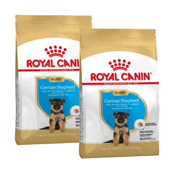 Deux sacs de nourriture pour chiots Royal Canin pour Bergers allemands, présentant une image de chiot et un texte indiquant l'adéquation pour les chiens jusqu'à 15 mois.