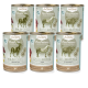 Sechs Dosen Aniforte PureNature Hundefutter, beschriftet mit "Wildforest," "Ranchhorse," und "Wildbuffalo," mit Illustrationen von Tieren.