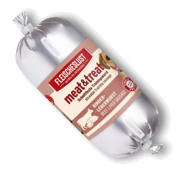 Silberne Folie mit FLEISCHESLUST meat&treat aufschneidbarer Rinderleber-Trainingswurst, Hundeabbildung und 'Single Protein'
